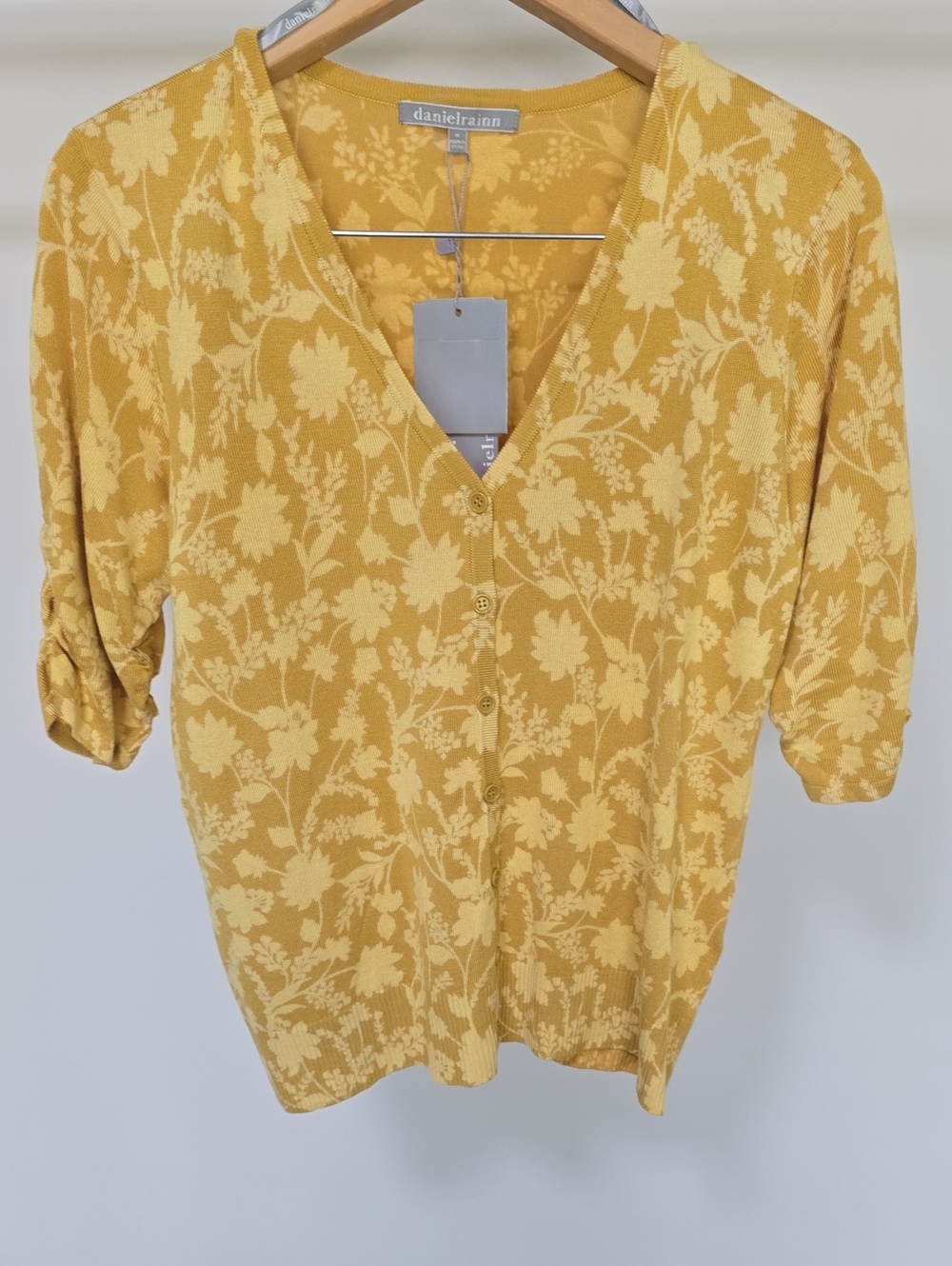 daniel rainn Yellow Floral V-Neck Button Front Women's Top